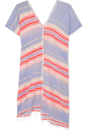 Fiesta asymmetric striped frayed cotton-blend gauze tunic